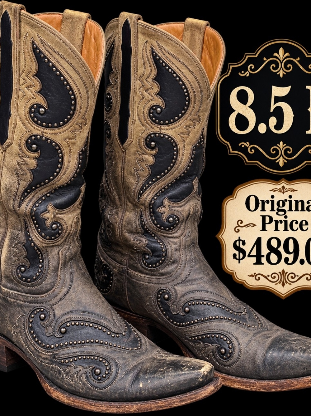 Lucchese Black and Brown Studded Western Boots Gemma Sz. 8.5